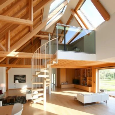 Jasna antresola z dużymi oknami i naturalnym oświetleniem, zapewniająca komfort wizualny i poczucie przestrzeni