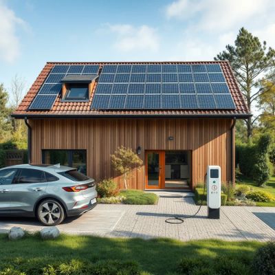 Dom pasywny z dużą instalacją fotowoltaiczną na dachu i ładowanym samochodem elektrycznym, symbol komfortu i niezależności