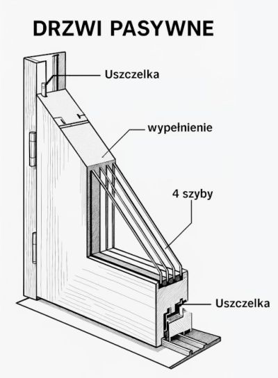 Przekrój profilu drzwi pasywnych pokazujący wielokomorową budowę, izolację i system uszczelek.