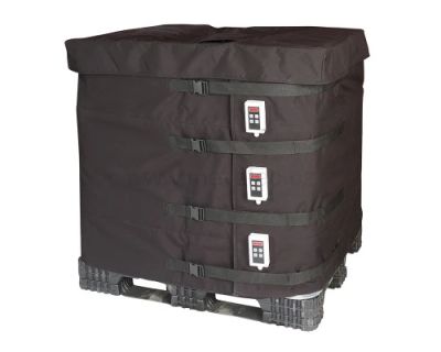 Kontener IBC z nałożonym przemysłowym płaszczem grzewczym.