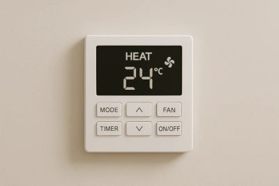 Panel sterujący klimatyzatora z funkcją grzania pokazujący ustawioną temperaturę 24°C