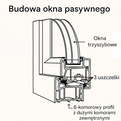 Przekrój okna pasywnego pokazujący pakiet trzyszybowy, ciepłą ramkę i izolowany profil